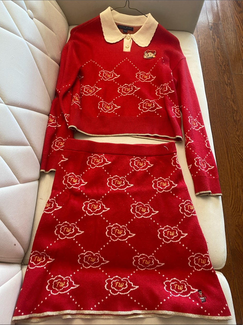 Red Knit Two-Piece Set with White Peter Pan Collar
